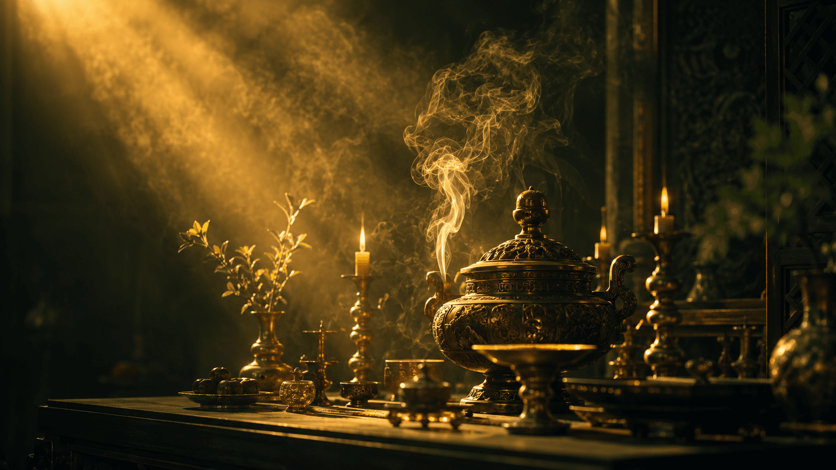 A candlelit altar set with brass vessels